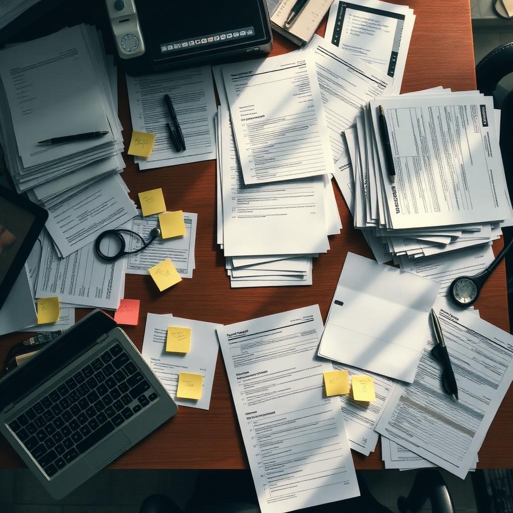 Evidence and appraisal paperwork spread across a doctor's desk