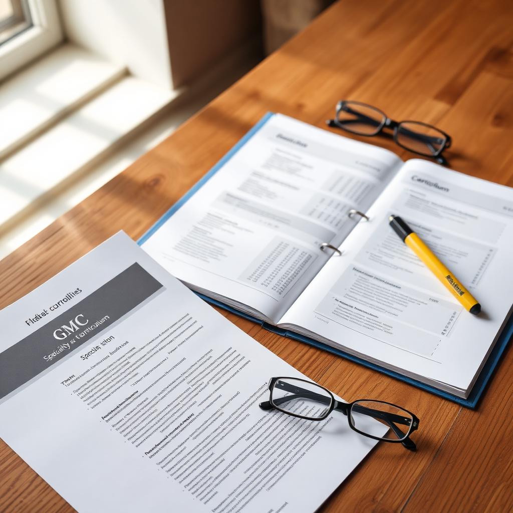 GMC specialty curriculum open on a desk with reading glasses