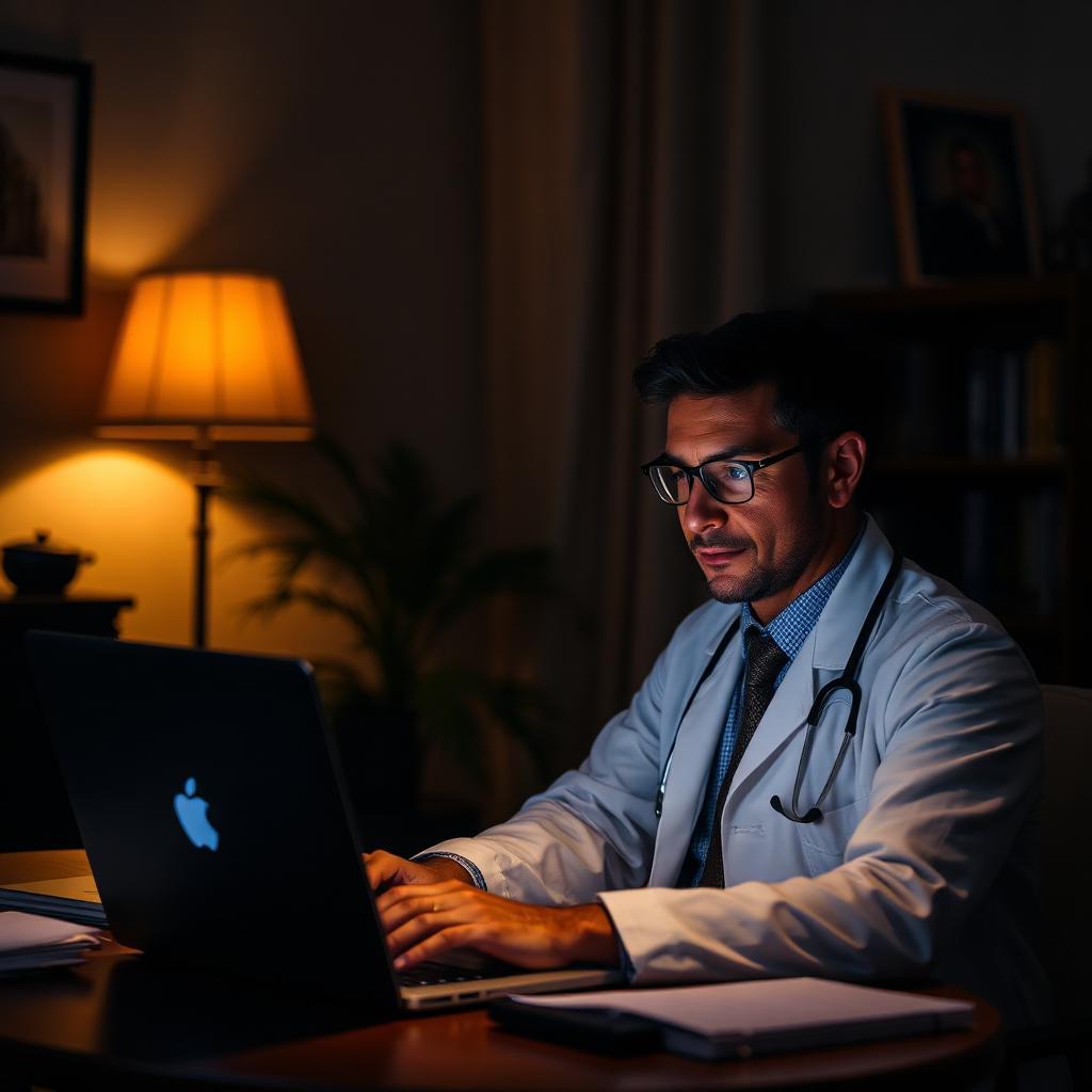 Doctor working late at night at a laptop