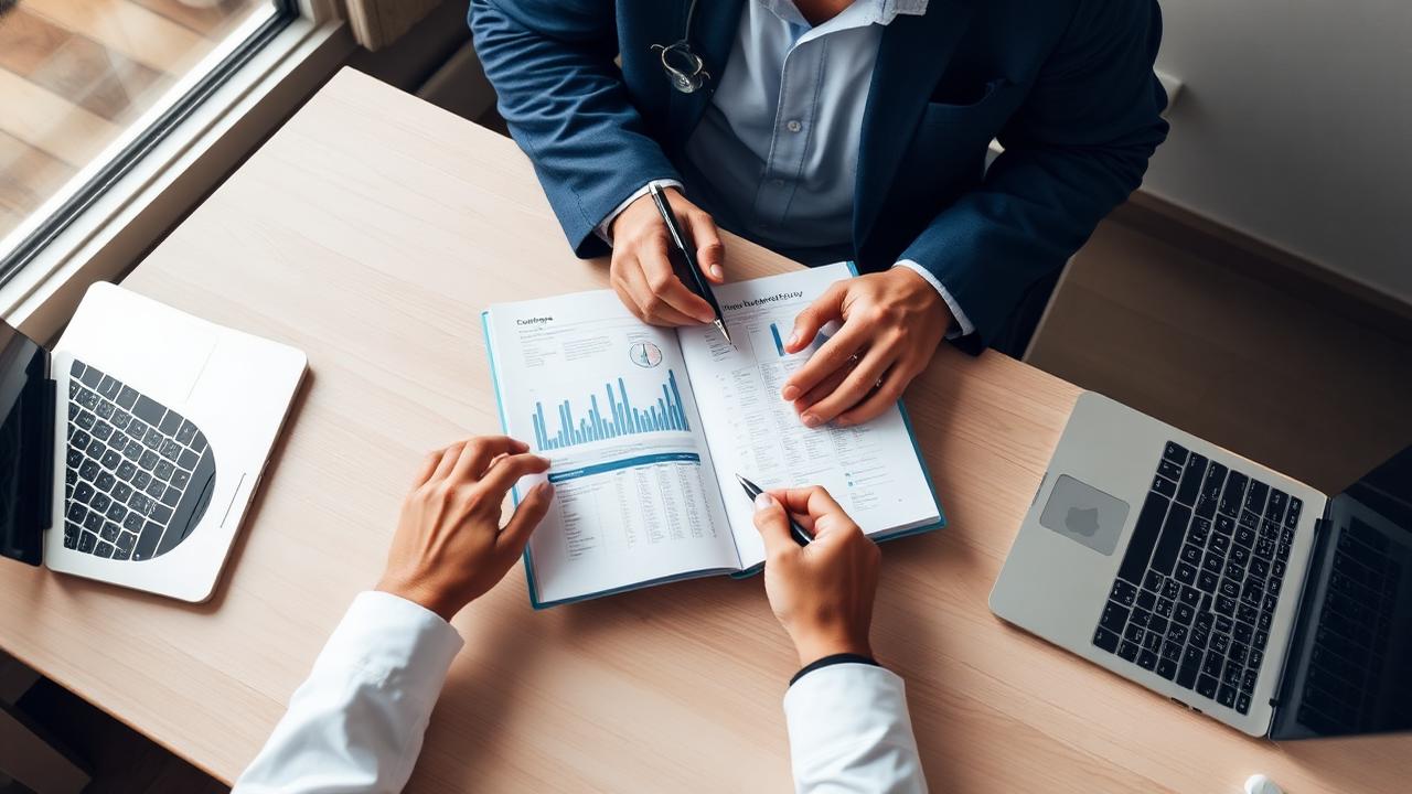 Senior NHS consultant reviewing a portfolio of clinical evidence